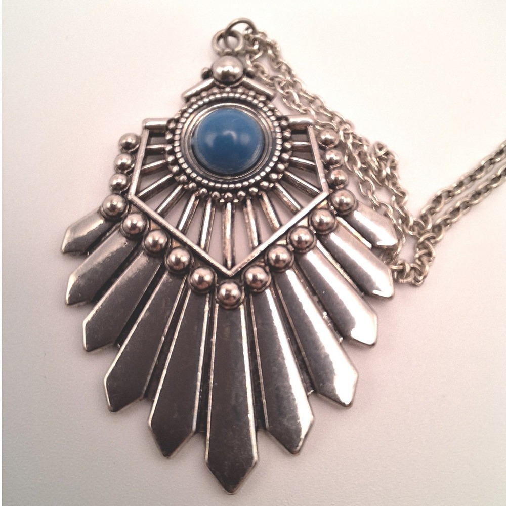 Southwestern blue stone pendant necklace long beads fan antique silver tone